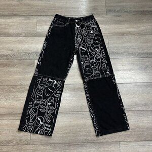 Shein Jeans Size 4 Cartoon Patch Work Raw Hem Loose Black White